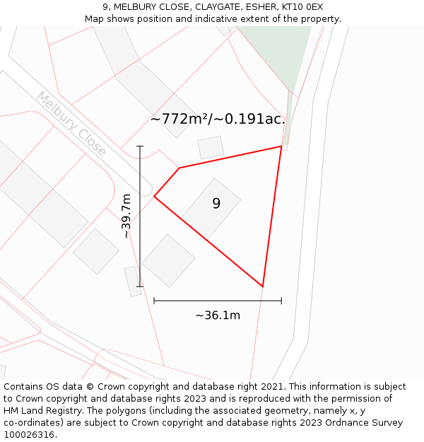 9, MELBURY CLOSE, CLAYGATE, ESHER, KT10 0EX: Plot and title map