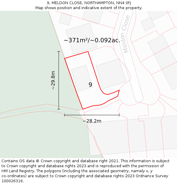 9, MELDON CLOSE, NORTHAMPTON, NN4 0FJ: Plot and title map
