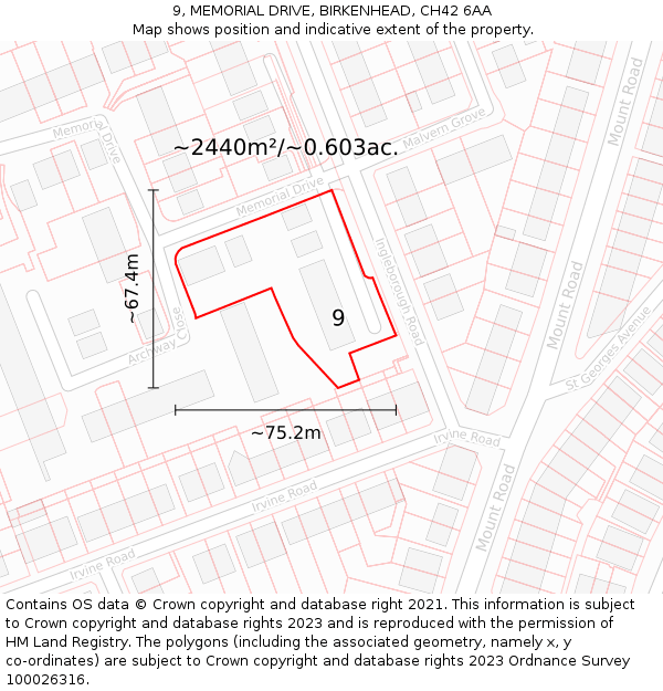 9, MEMORIAL DRIVE, BIRKENHEAD, CH42 6AA: Plot and title map