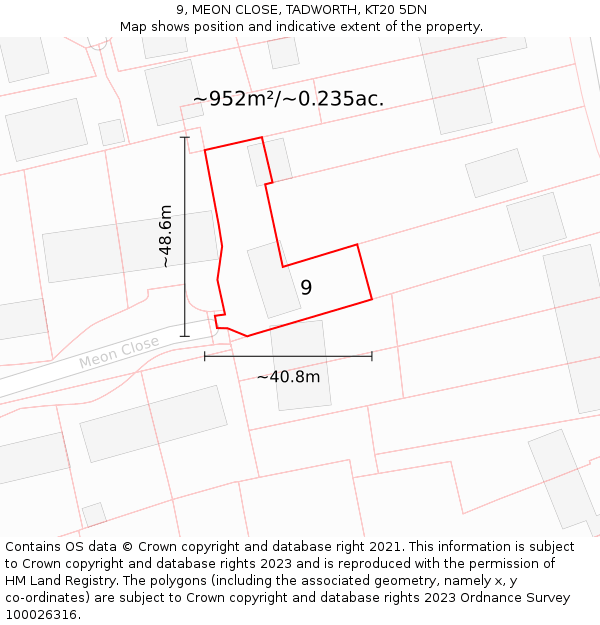 9, MEON CLOSE, TADWORTH, KT20 5DN: Plot and title map
