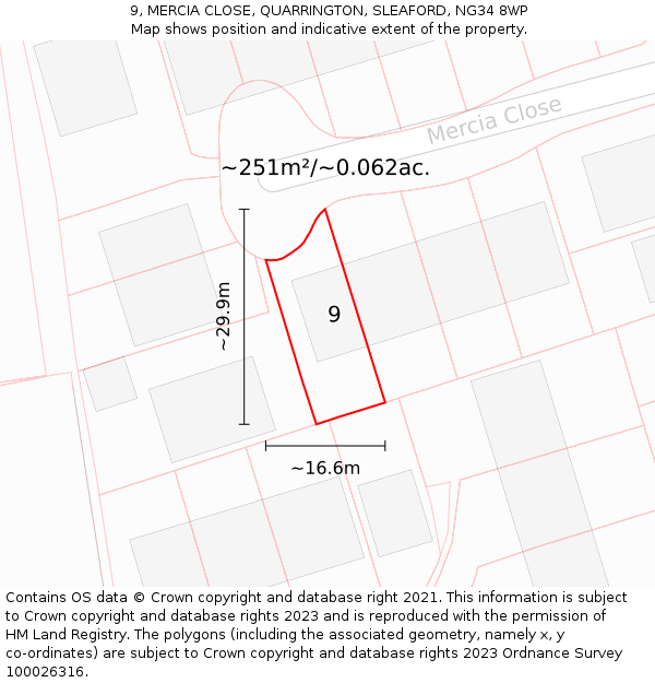 9, MERCIA CLOSE, QUARRINGTON, SLEAFORD, NG34 8WP: Plot and title map