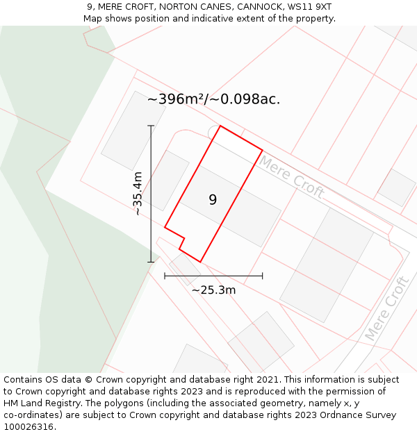 9, MERE CROFT, NORTON CANES, CANNOCK, WS11 9XT: Plot and title map