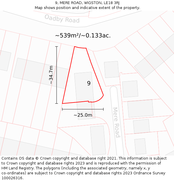 9, MERE ROAD, WIGSTON, LE18 3RJ: Plot and title map