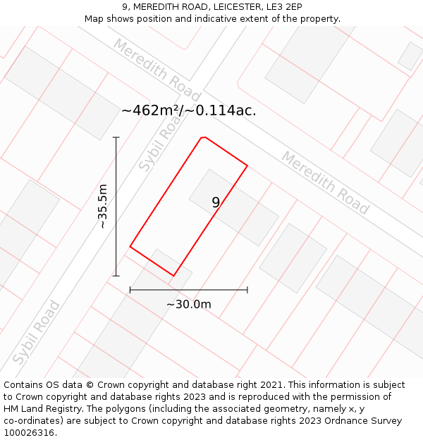 9, MEREDITH ROAD, LEICESTER, LE3 2EP: Plot and title map