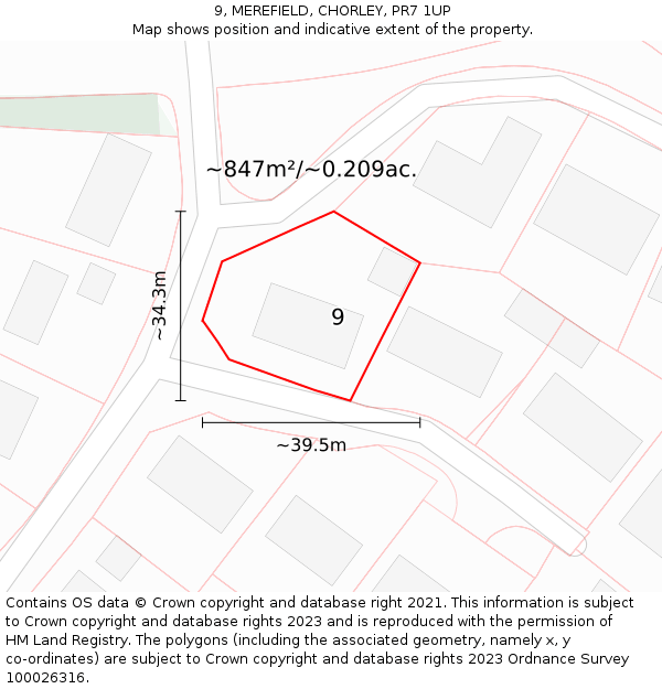 9, MEREFIELD, CHORLEY, PR7 1UP: Plot and title map