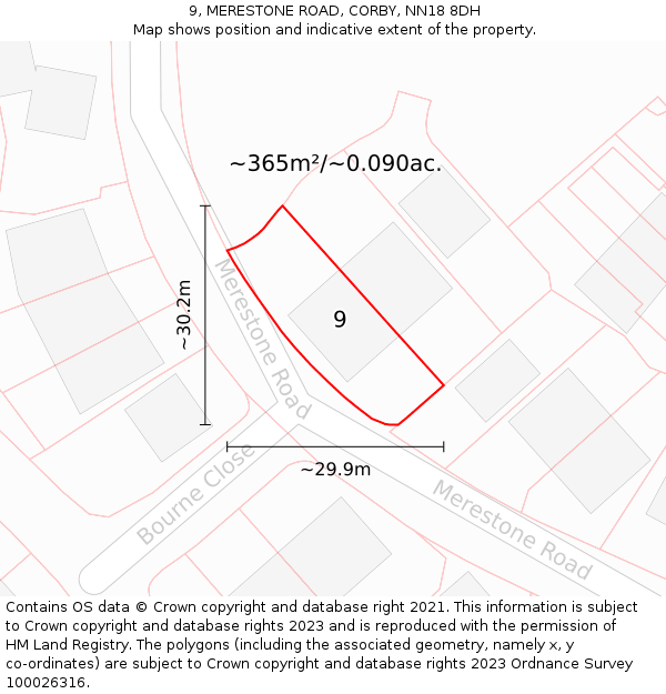 9, MERESTONE ROAD, CORBY, NN18 8DH: Plot and title map