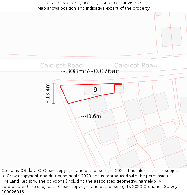 9, MERLIN CLOSE, ROGIET, CALDICOT, NP26 3UX: Plot and title map