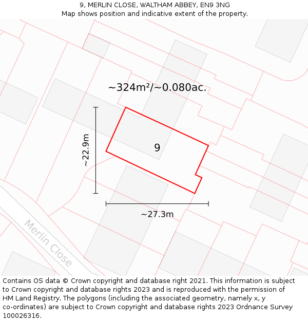 9, MERLIN CLOSE, WALTHAM ABBEY, EN9 3NG: Plot and title map