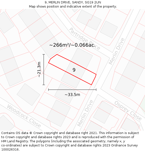 9, MERLIN DRIVE, SANDY, SG19 2UN: Plot and title map