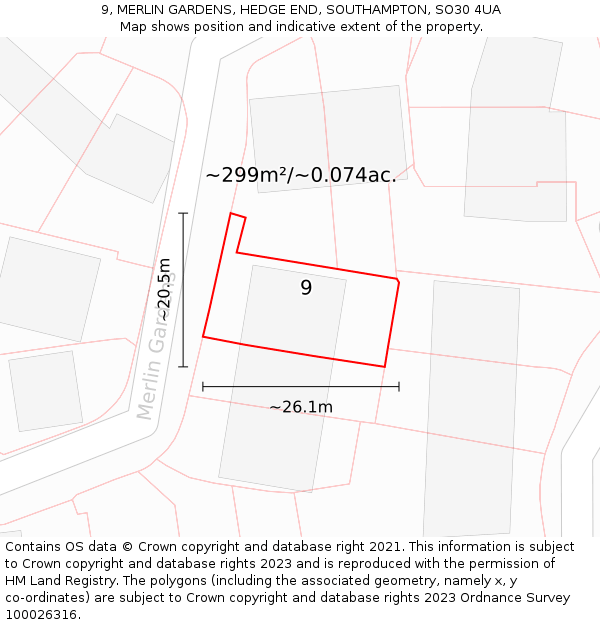 9, MERLIN GARDENS, HEDGE END, SOUTHAMPTON, SO30 4UA: Plot and title map