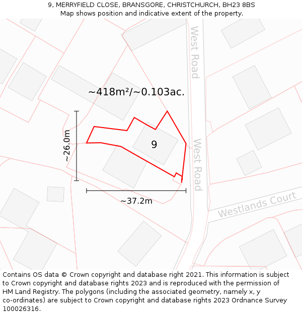 9, MERRYFIELD CLOSE, BRANSGORE, CHRISTCHURCH, BH23 8BS: Plot and title map