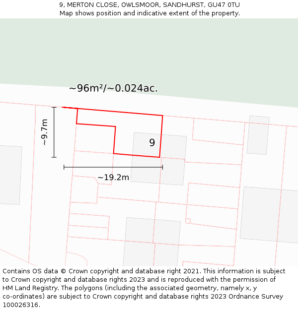 9, MERTON CLOSE, OWLSMOOR, SANDHURST, GU47 0TU: Plot and title map