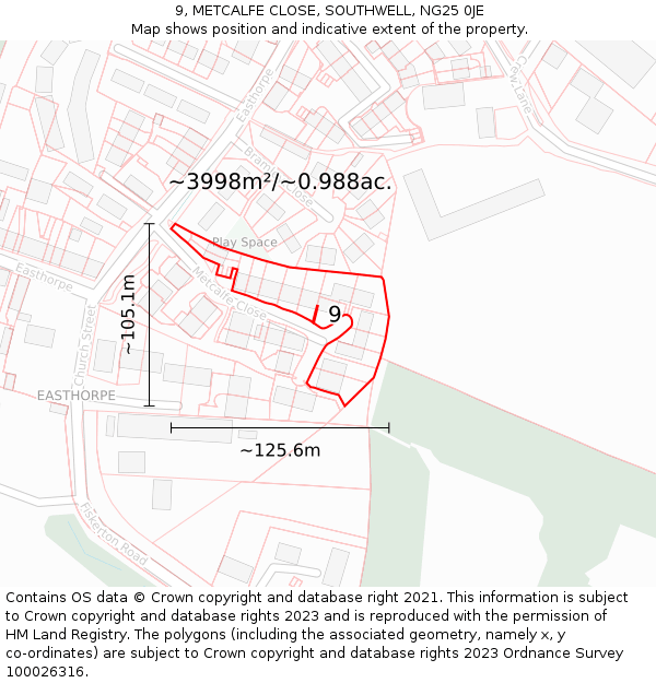 9, METCALFE CLOSE, SOUTHWELL, NG25 0JE: Plot and title map