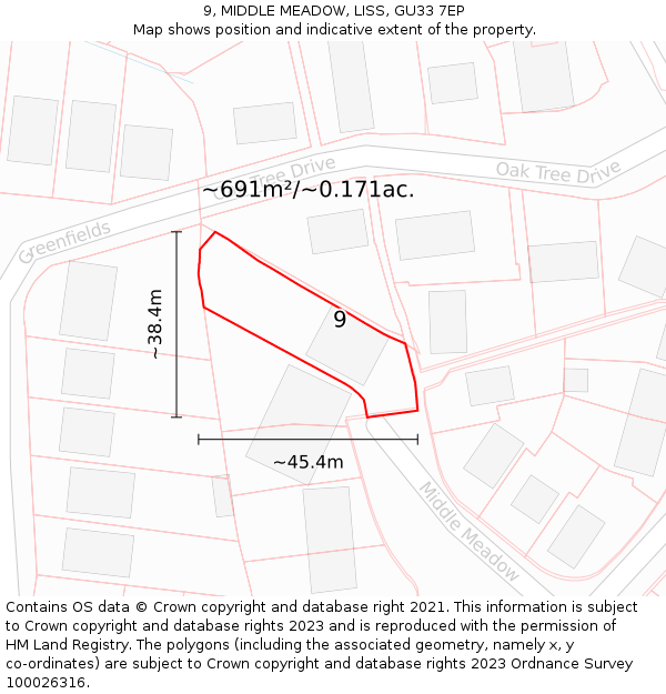 9, MIDDLE MEADOW, LISS, GU33 7EP: Plot and title map