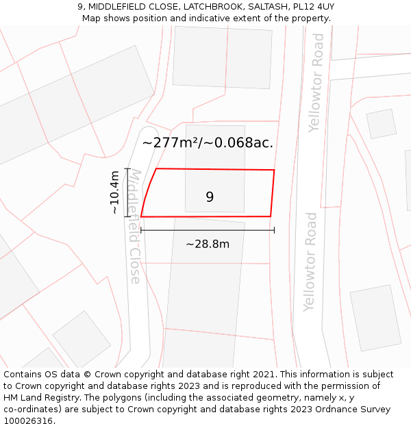 9, MIDDLEFIELD CLOSE, LATCHBROOK, SALTASH, PL12 4UY: Plot and title map