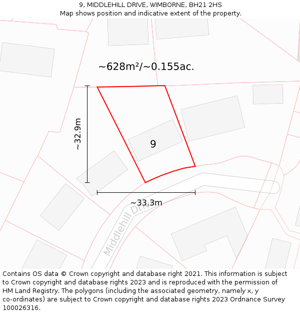 9, MIDDLEHILL DRIVE, WIMBORNE, BH21 2HS: Plot and title map