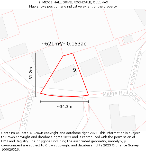 9, MIDGE HALL DRIVE, ROCHDALE, OL11 4AX: Plot and title map
