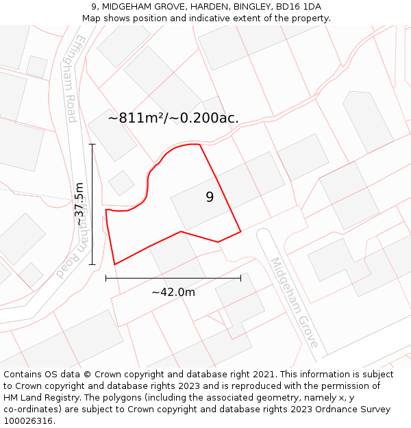 9, MIDGEHAM GROVE, HARDEN, BINGLEY, BD16 1DA: Plot and title map
