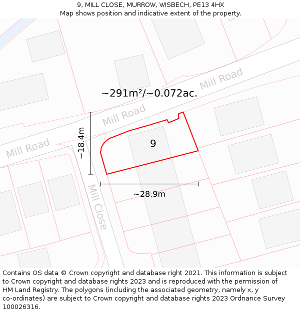 9, MILL CLOSE, MURROW, WISBECH, PE13 4HX: Plot and title map