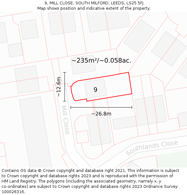 9, MILL CLOSE, SOUTH MILFORD, LEEDS, LS25 5FJ: Plot and title map
