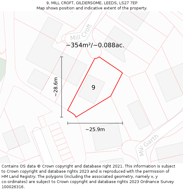 9, MILL CROFT, GILDERSOME, LEEDS, LS27 7EP: Plot and title map