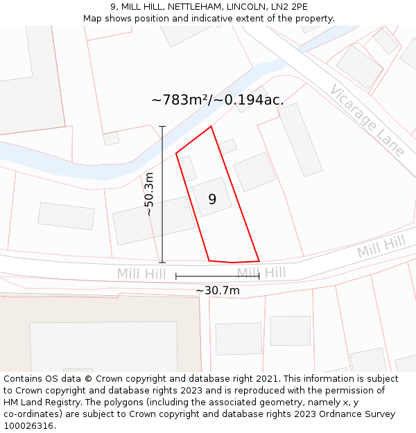 9, MILL HILL, NETTLEHAM, LINCOLN, LN2 2PE: Plot and title map