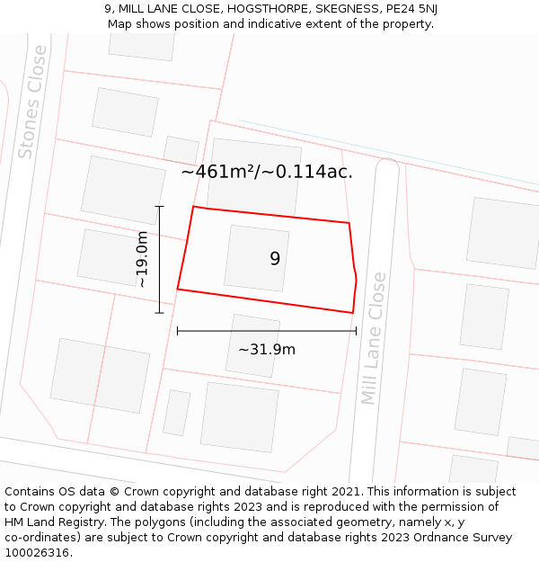 9, MILL LANE CLOSE, HOGSTHORPE, SKEGNESS, PE24 5NJ: Plot and title map