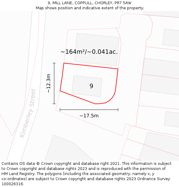 9, MILL LANE, COPPULL, CHORLEY, PR7 5AW: Plot and title map