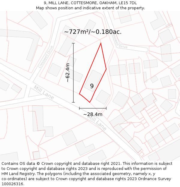 9, MILL LANE, COTTESMORE, OAKHAM, LE15 7DL: Plot and title map