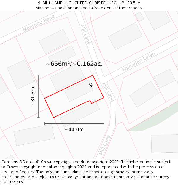 9, MILL LANE, HIGHCLIFFE, CHRISTCHURCH, BH23 5LA: Plot and title map