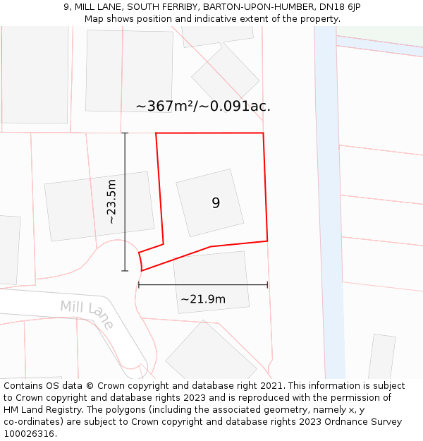 9, MILL LANE, SOUTH FERRIBY, BARTON-UPON-HUMBER, DN18 6JP: Plot and title map