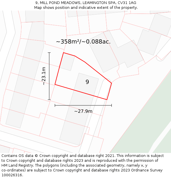 9, MILL POND MEADOWS, LEAMINGTON SPA, CV31 1AG: Plot and title map