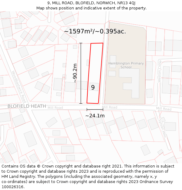9, MILL ROAD, BLOFIELD, NORWICH, NR13 4QJ: Plot and title map