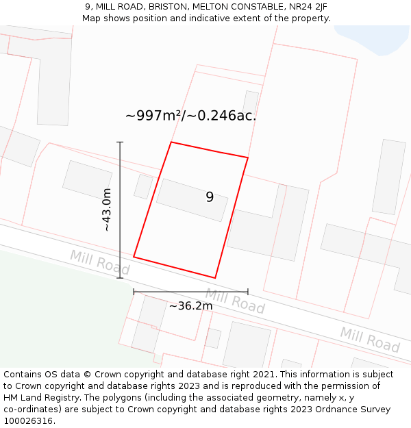 9, MILL ROAD, BRISTON, MELTON CONSTABLE, NR24 2JF: Plot and title map