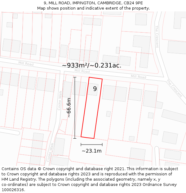 9, MILL ROAD, IMPINGTON, CAMBRIDGE, CB24 9PE: Plot and title map