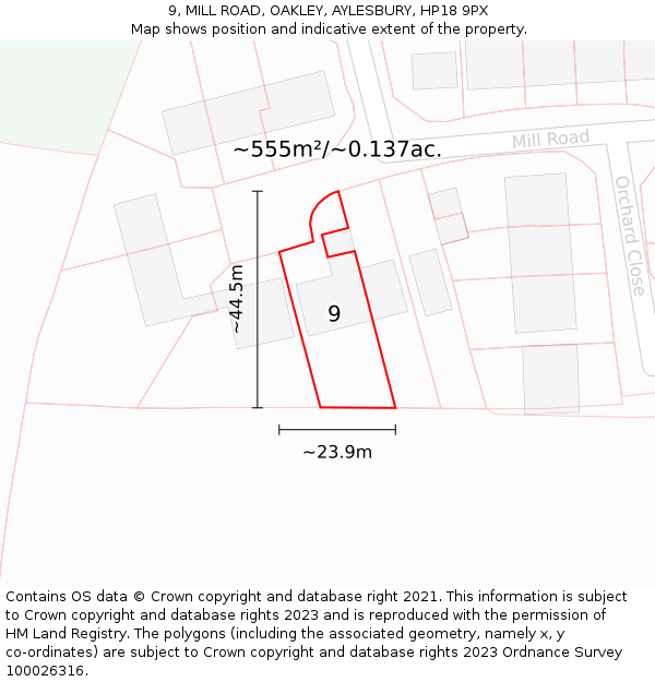 9, MILL ROAD, OAKLEY, AYLESBURY, HP18 9PX: Plot and title map
