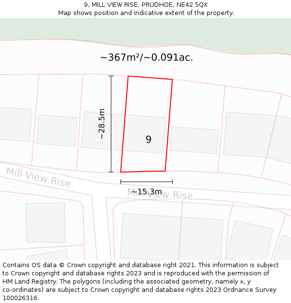 9, MILL VIEW RISE, PRUDHOE, NE42 5QX: Plot and title map