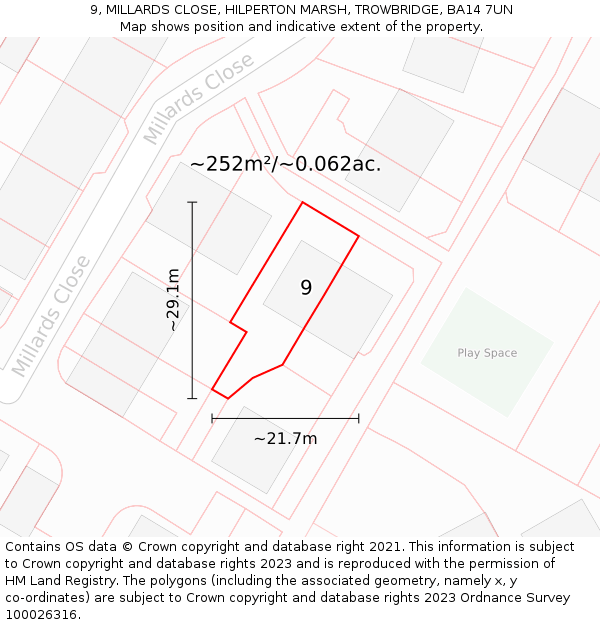 9, MILLARDS CLOSE, HILPERTON MARSH, TROWBRIDGE, BA14 7UN: Plot and title map