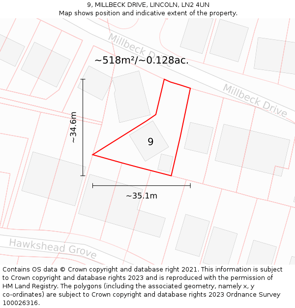 9, MILLBECK DRIVE, LINCOLN, LN2 4UN: Plot and title map
