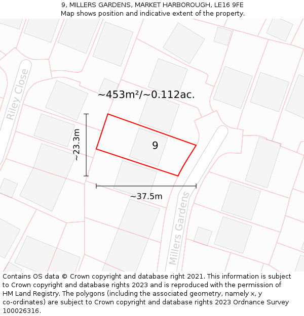 9, MILLERS GARDENS, MARKET HARBOROUGH, LE16 9FE: Plot and title map