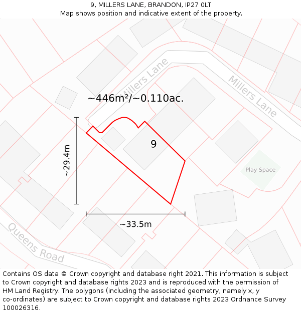 9, MILLERS LANE, BRANDON, IP27 0LT: Plot and title map