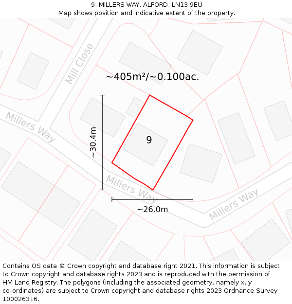 9, MILLERS WAY, ALFORD, LN13 9EU: Plot and title map