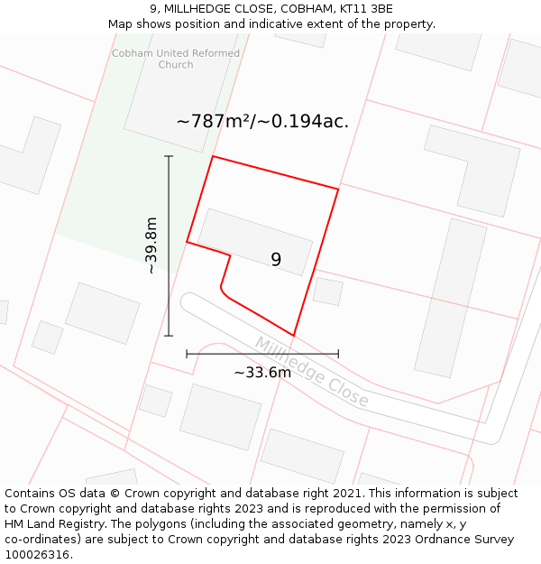 9, MILLHEDGE CLOSE, COBHAM, KT11 3BE: Plot and title map