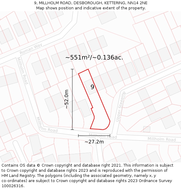 9, MILLHOLM ROAD, DESBOROUGH, KETTERING, NN14 2NE: Plot and title map