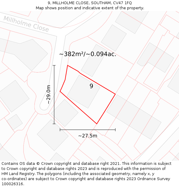 9, MILLHOLME CLOSE, SOUTHAM, CV47 1FQ: Plot and title map