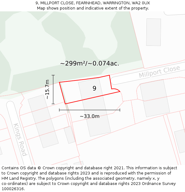 9, MILLPORT CLOSE, FEARNHEAD, WARRINGTON, WA2 0UX: Plot and title map