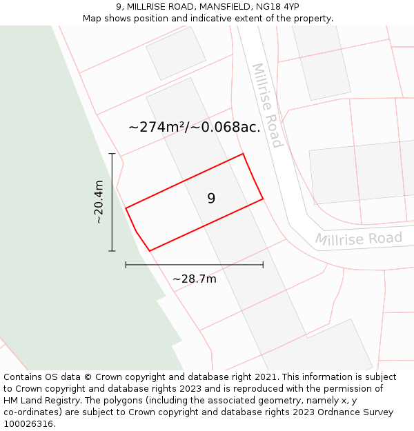 9, MILLRISE ROAD, MANSFIELD, NG18 4YP: Plot and title map
