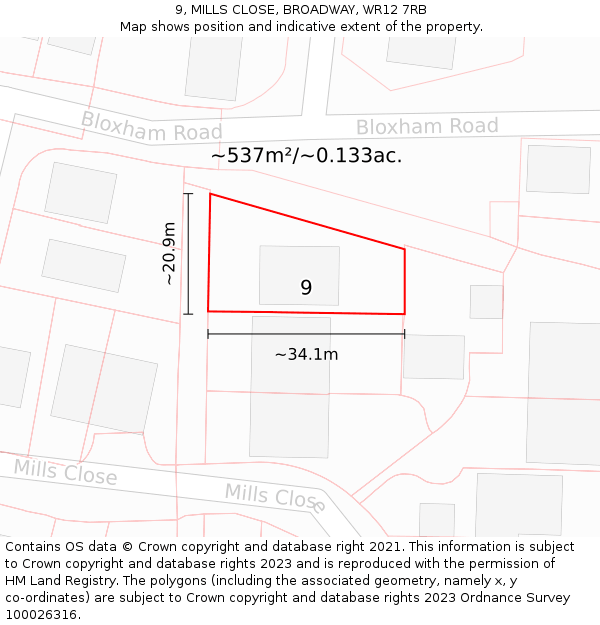 9, MILLS CLOSE, BROADWAY, WR12 7RB: Plot and title map