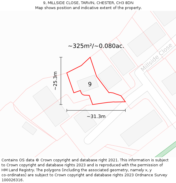 9, MILLSIDE CLOSE, TARVIN, CHESTER, CH3 8DN: Plot and title map