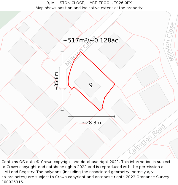 9, MILLSTON CLOSE, HARTLEPOOL, TS26 0PX: Plot and title map